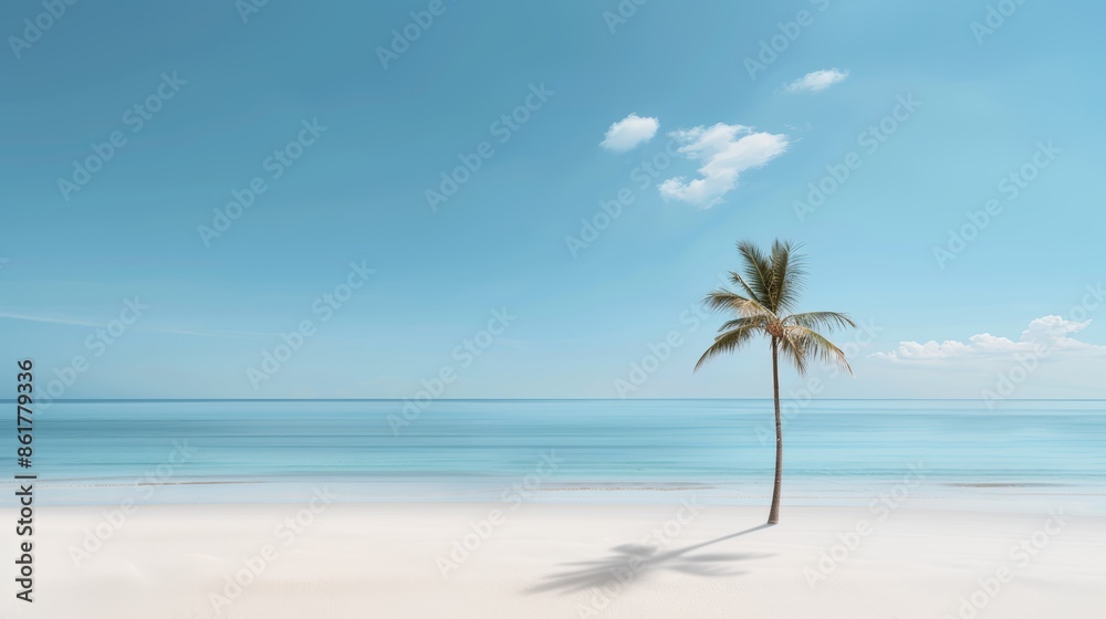 Solitary palm tree on a tropical beach, expansive blue sky with cotton-like clouds, peaceful ocean waves, great for vacation and travel business concepts Solitary palm tree on a tropical beach, expansive blue sky with cotton-like clouds, peaceful ocean waves, great for vacation and travel business concepts