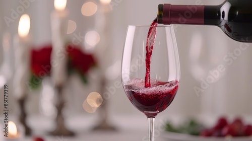 Sophisticated pour of red wine into a crystal glass, background showing an intimate candlelit dinner with soft lighting, romantic ambiance photo