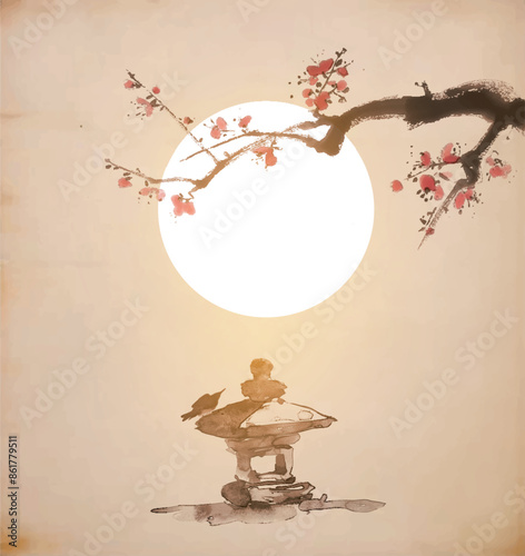 Ink painting with little bird sitting on old stone lantern, big sun and cherry blossom branch on vintage background. Traditional Japanese ink wash painting sumi-e. Translation of hieroglyph - zen