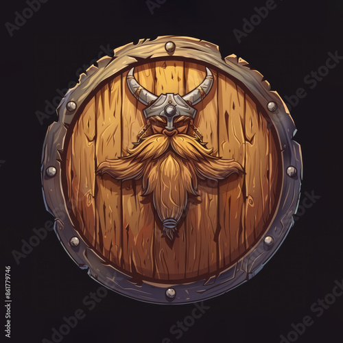 Round wooden shield with the image of a Vikin in a horned helmet, cartoon 2D illustration isolated on a black background