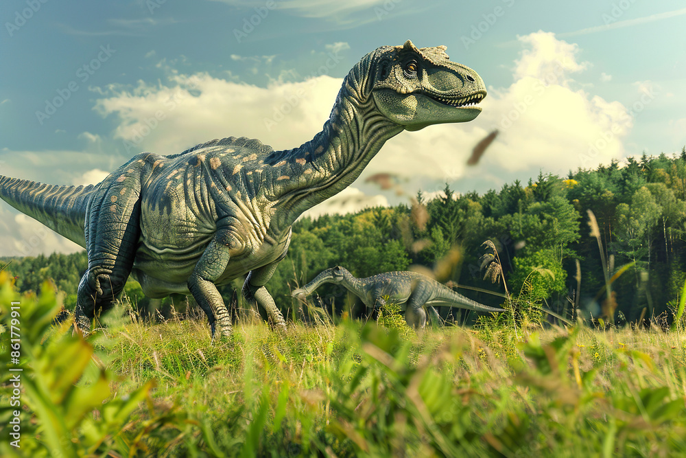 Generative ai on theme of big scary hungry dinosaur with kind eyes and sharp teeth destroying park Generative ai on theme of big scary hungry dinosaur with kind eyes and sharp teeth destroying park
