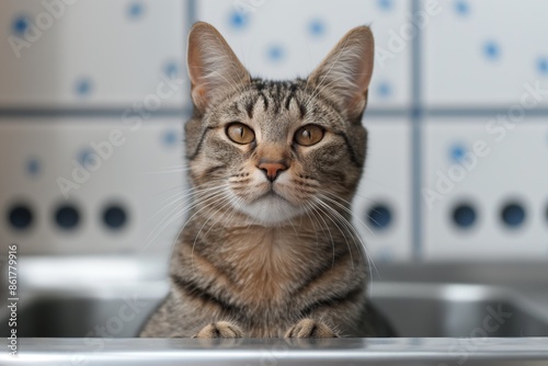 A tabby cat perches and looks up with an inquisitive expression from a metal sink in a kitchen, capturing a moment of curiosity and cuteness in a domestic environment. © gearstd