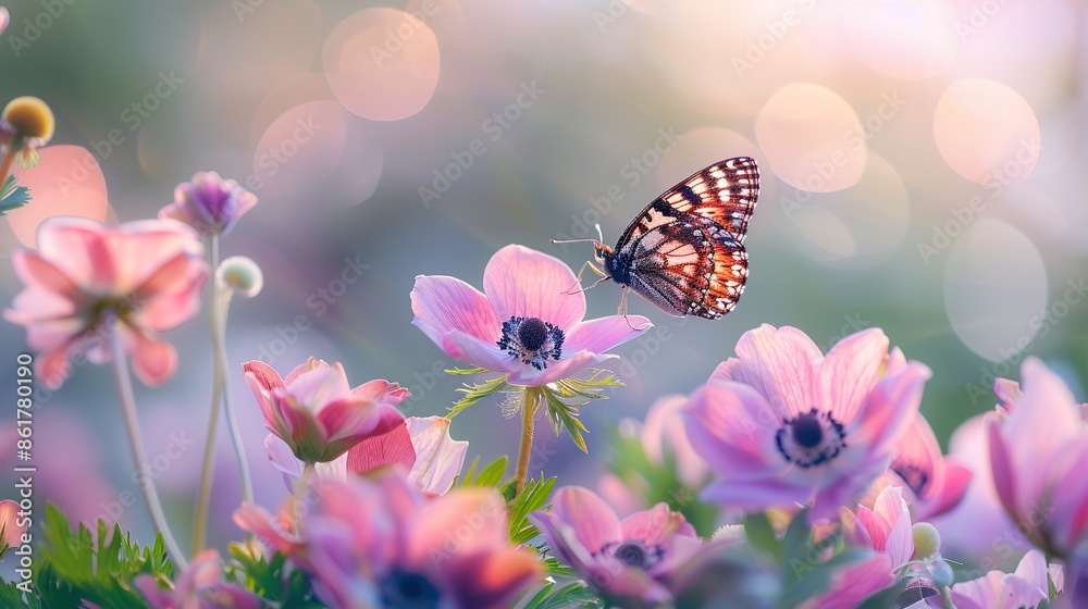 Butterfly on Pink Flowers in Soft Light Butterfly on Pink Flowers in Soft Light