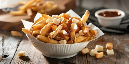 Indulge in Authentic French-Canadian Poutine. Concept Poutine, French-Canadian, Comfort Food, Gravy, Cheese Curds photo