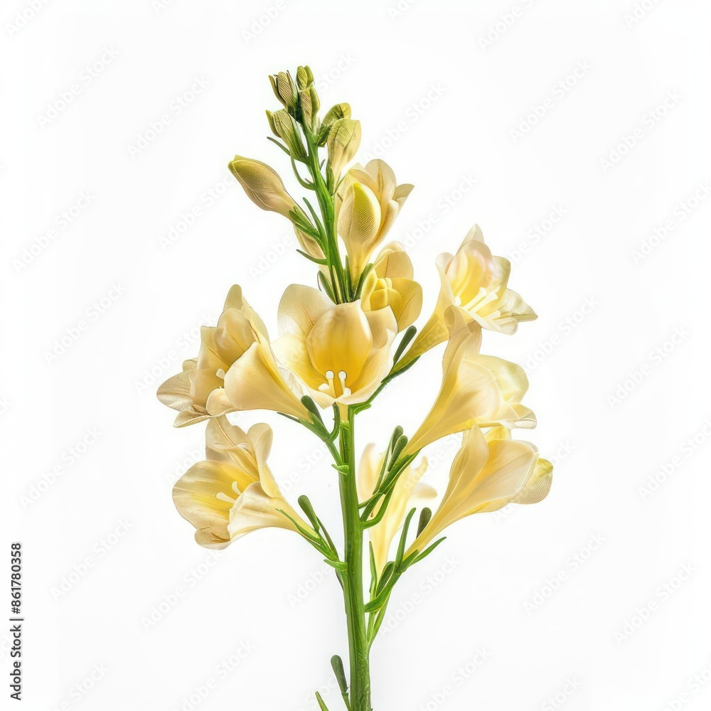 A fragrant freesia with delicate, funnelshaped flowers in a soft yellow hue isolated on a white background A fragrant freesia with delicate, funnelshaped flowers in a soft yellow hue isolated on a white background