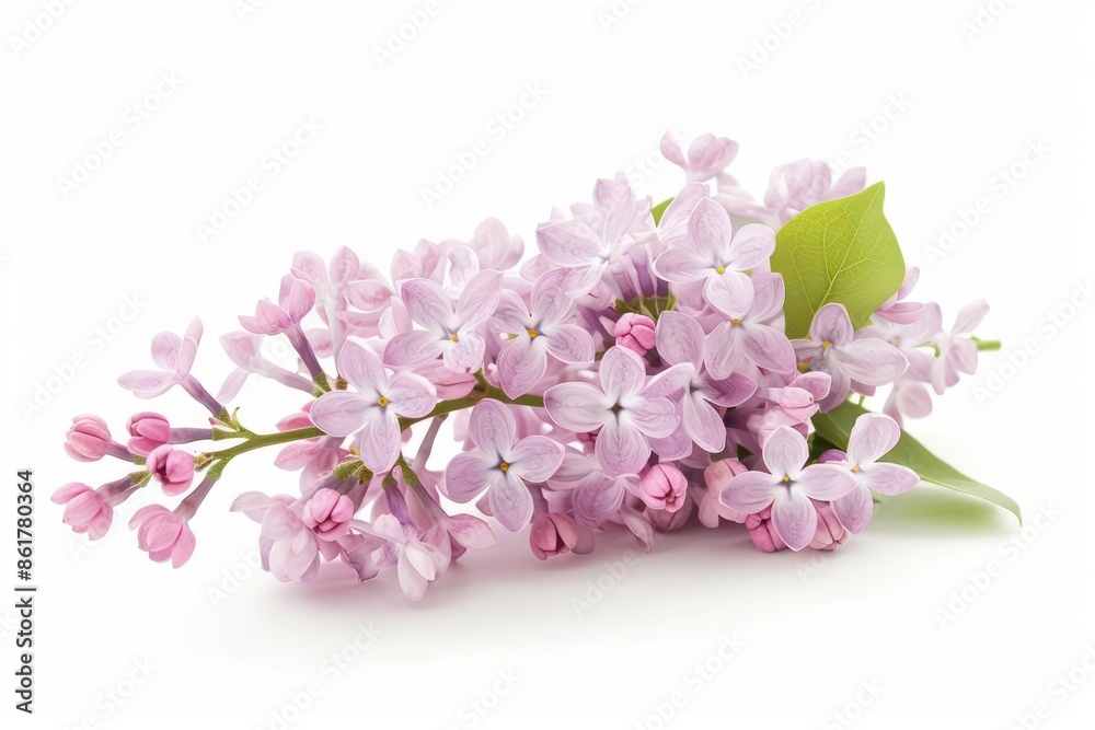 A fragrant lilac cluster with delicate, light purple flowers isolated on a white background A fragrant lilac cluster with delicate, light purple flowers isolated on a white background