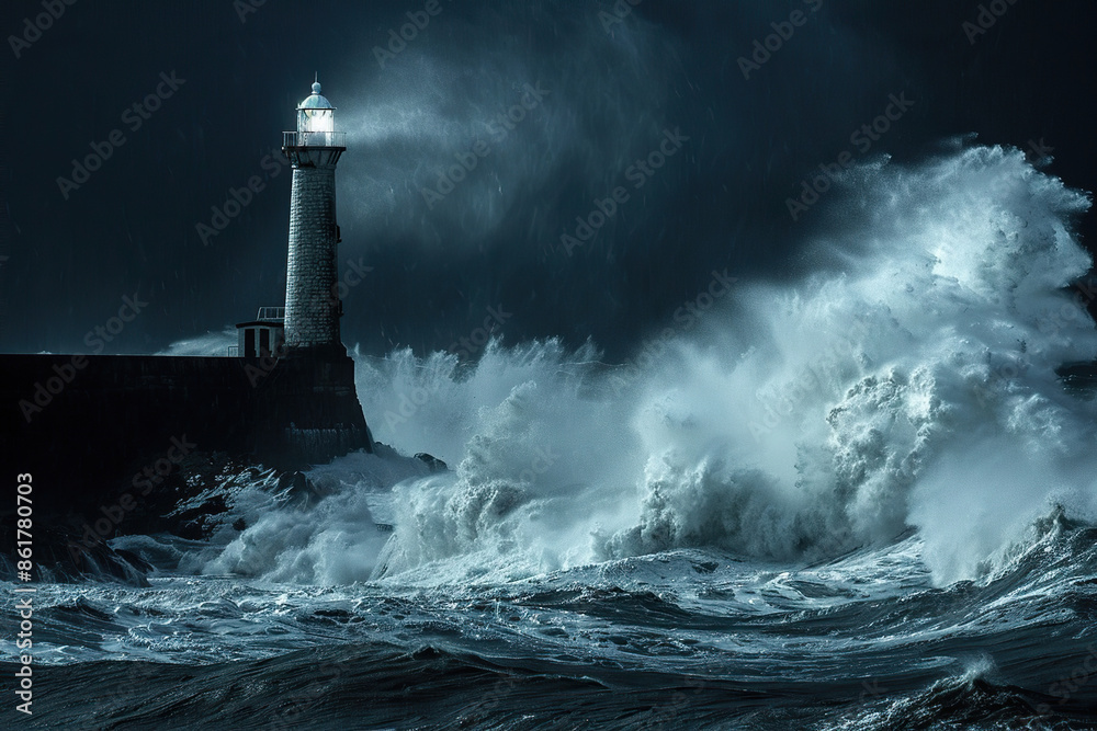 Generative ai on theme of large retro lighthouse with beam of bright light shining out to blue sea Generative ai on theme of large retro lighthouse with beam of bright light shining out to blue sea
