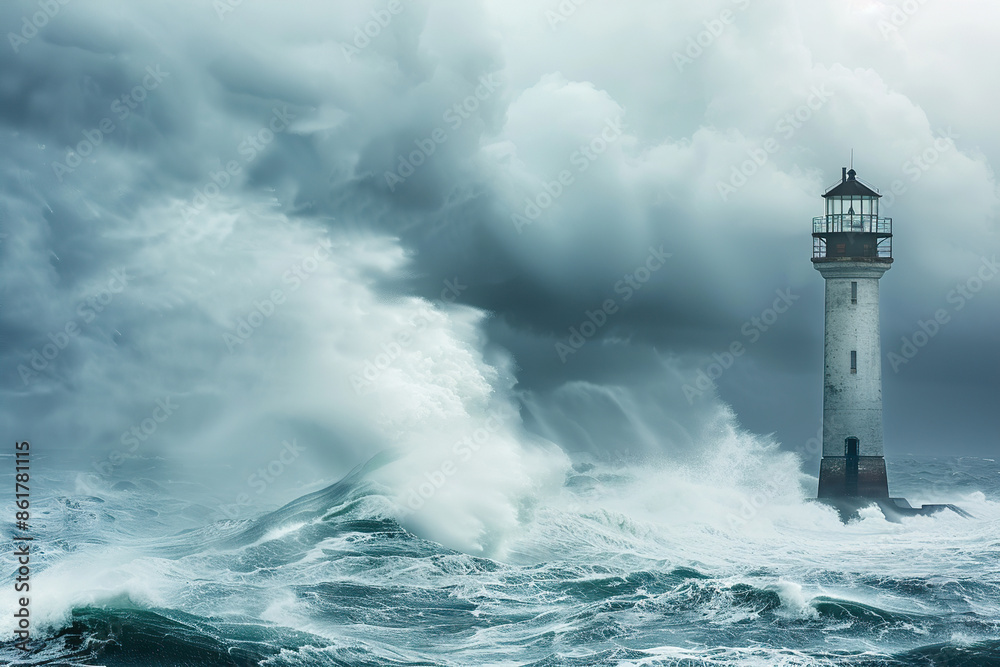Generative ai on theme of large retro lighthouse with beam of bright light shining out to blue sea Generative ai on theme of large retro lighthouse with beam of bright light shining out to blue sea