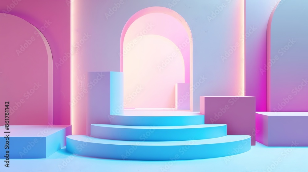 3D Rendering of a Pastel Pink and Blue Room with a Staircase leading to an Archway, Minimalist Design, Abstract Background 3D Rendering of a Pastel Pink and Blue Room with a Staircase leading to an Archway, Minimalist Design, Abstract Background