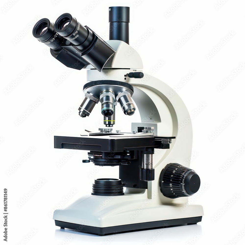 A highpowered microscope with multiple lenses and adjustable focus isolated on a white background A highpowered microscope with multiple lenses and adjustable focus isolated on a white background