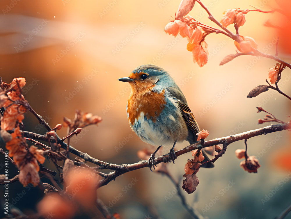 Fototapeta premium Bird Perched on Branch in Spring