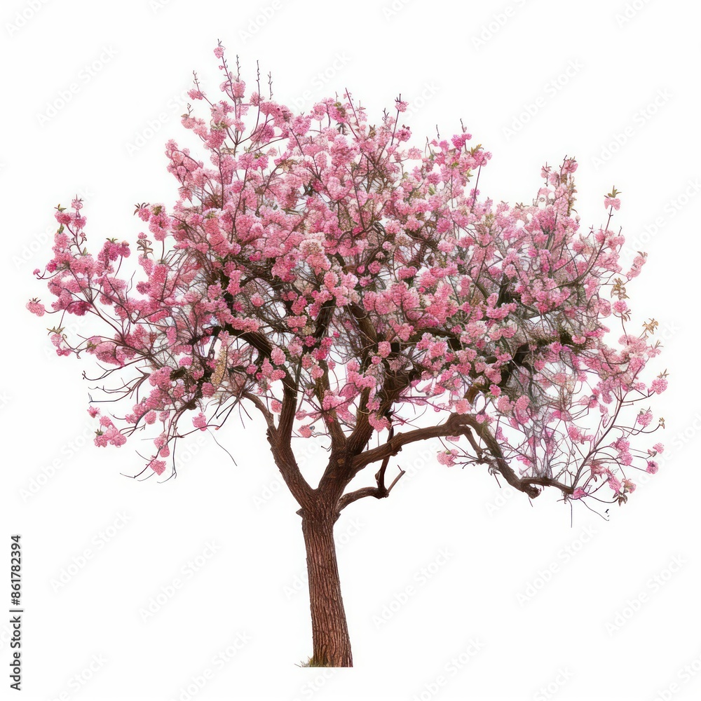 Fototapeta premium A peach tree with soft, pink blossoms and fuzzy fruit isolated on a white background