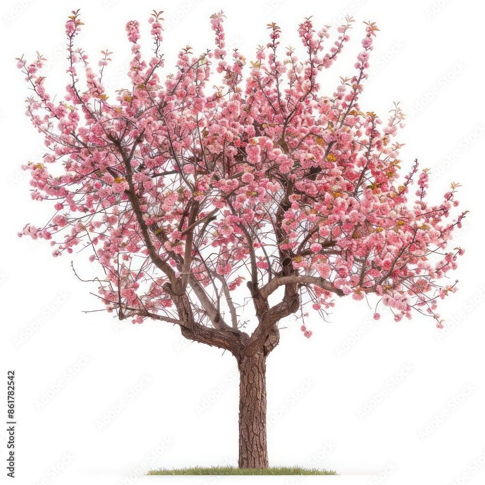 A peach tree with soft, pink blossoms and fuzzy fruit isolated on a white background A peach tree with soft, pink blossoms and fuzzy fruit isolated on a white background