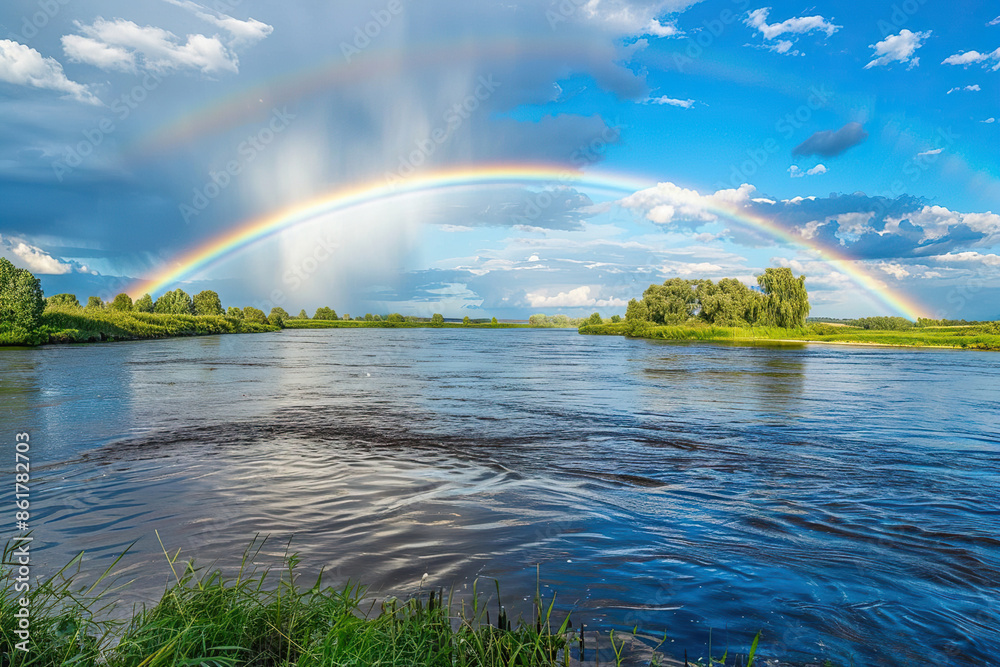 Generative ai on theme of beautiful tranquil landscape with magical bright rainbow at cloudy sky Generative ai on theme of beautiful tranquil landscape with magical bright rainbow at cloudy sky