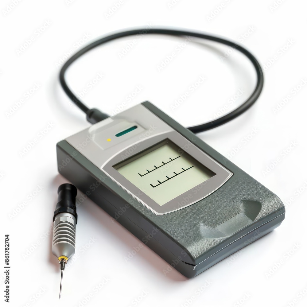A precise pH meter with a digital display and a probe isolated on a white background