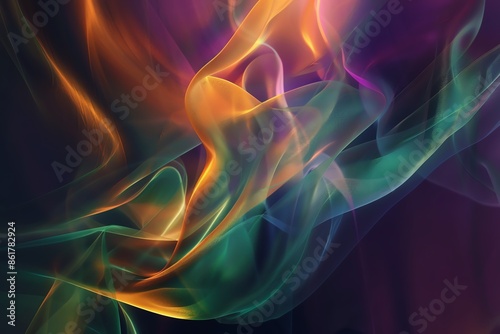 Abstract colorful smoke art creating a mesmerizing visual effect with vibrant hues of orange, green, and purple on a dark background.