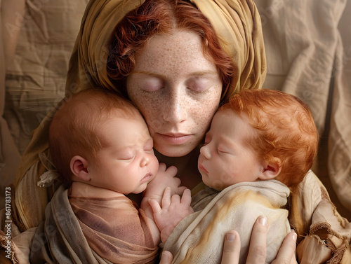 A Woman from Ancient Israel Cradding Twin Baby Boys
