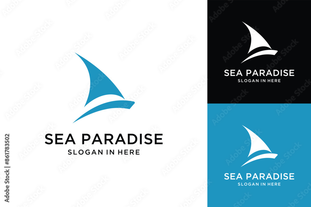 Fototapeta premium Sailling Boat Ship Vessel and sea wave vector logo design