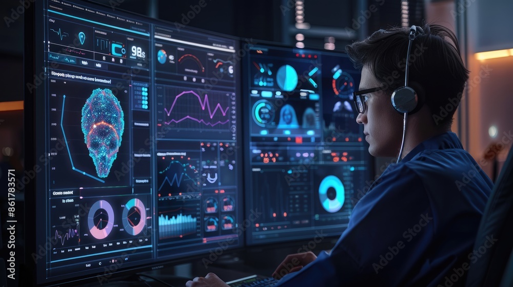 Analyst in a control room, monitoring data on multiple screens displaying complex charts and graphs, using advanced technology. Analyst in a control room, monitoring data on multiple screens displaying complex charts and graphs, using advanced technology.