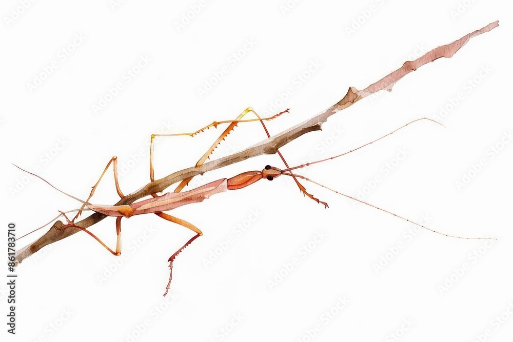 A slender watercolor stick insect with elongated body mimicking a twig isolated on a white background A slender watercolor stick insect with elongated body mimicking a twig isolated on a white background