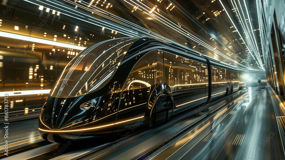 An elegantly styled black and gold bus glides at speed, creating streaks of light against the background of complex technological lines. An elegantly styled black and gold bus glides at speed, creating streaks of light against the background of complex technological lines.