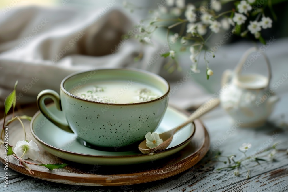 Delicious and refreshing green tea latte served on a charming rustic wooden table Delicious and refreshing green tea latte served on a charming rustic wooden table