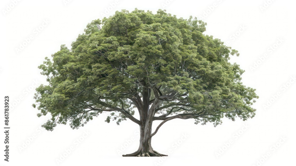 Obraz premium A stately beech tree with smooth, grey bark and a dense canopy of green leaves isolated on a white background