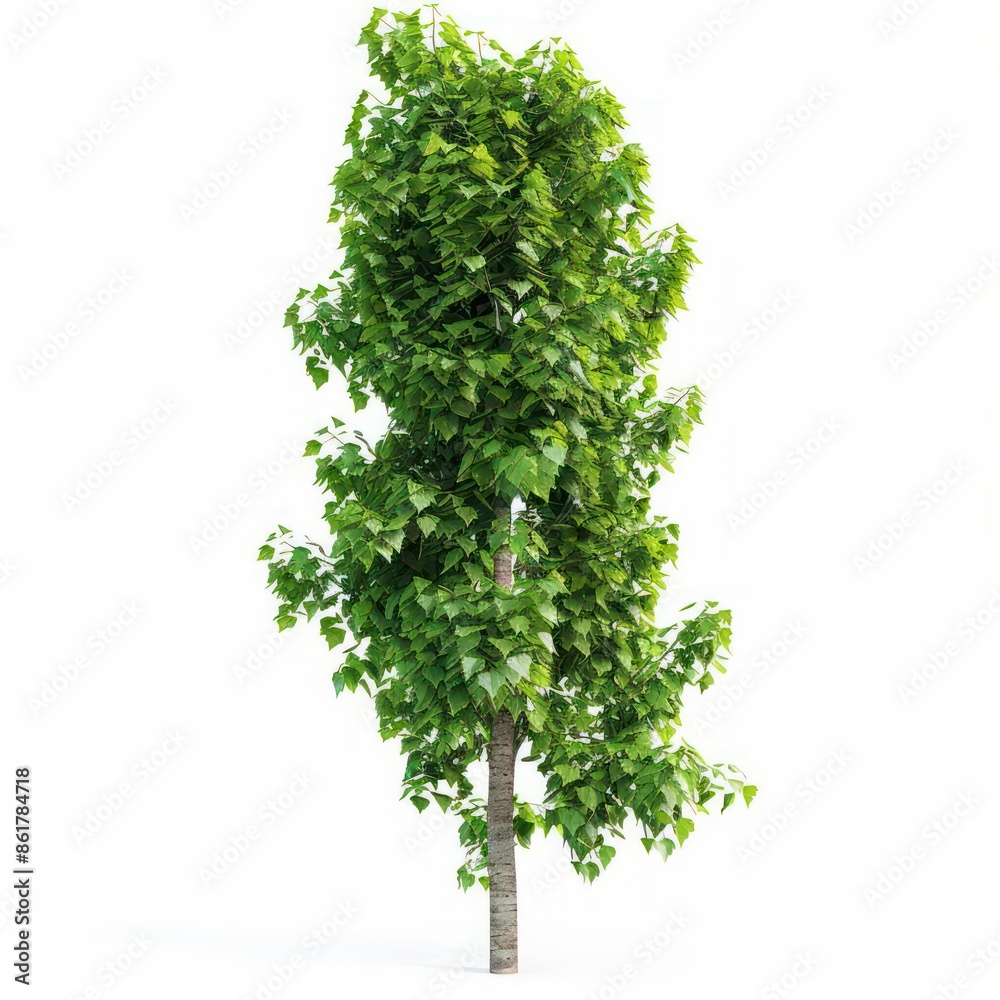 Fototapeta premium A tall poplar tree with a columnar shape and fluttering leaves isolated on a white background