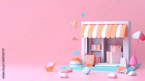 Cute 3D online shopping storefront.  Concept of ecommerce, online store, digital marketing, and retail.