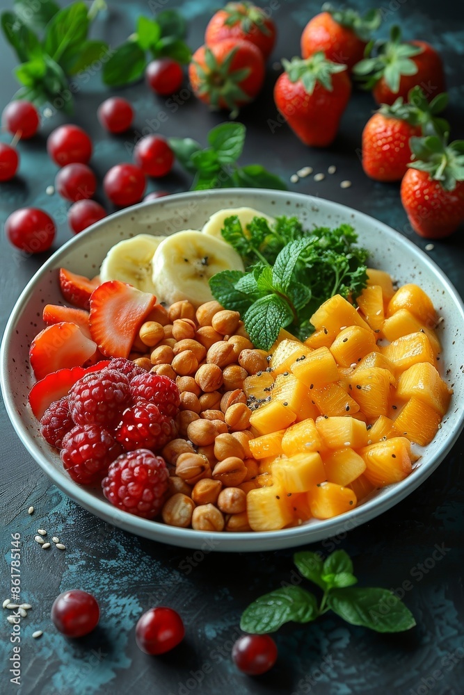 Fresh and Nutritious 3D Breakfast Plate with Grains, Fruits, and Vegetables in Photorealistic Style with Vibrant Colors and Copy Space