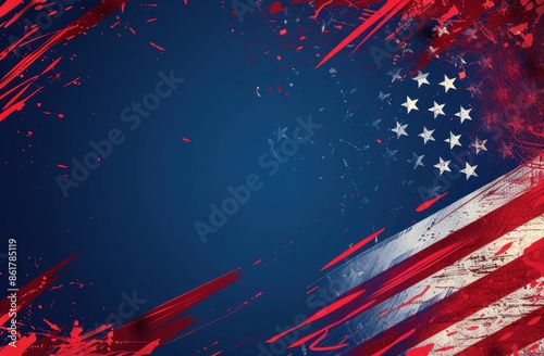 Blue and red background with stars, red banner USA flag design for political campaign poster or advertising template, copy space Generative AI photo