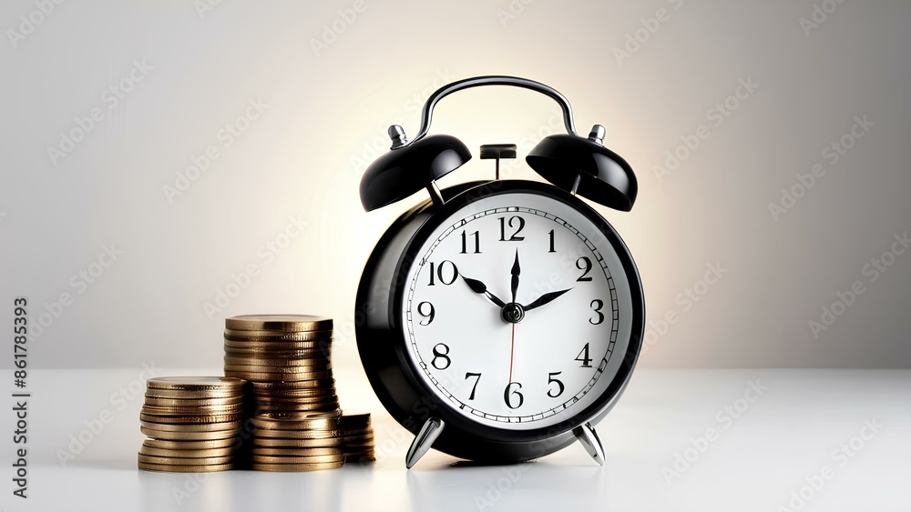 A black alarm clock on a table with a pile of gold coins A black alarm clock on a table with a pile of gold coins