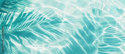 Elegant minimalist background concept featuring close-up water surface with gentle ripples and subtle blurred palm leaf shadows on the beach, evoking a peaceful, natural and pure atmosphere.