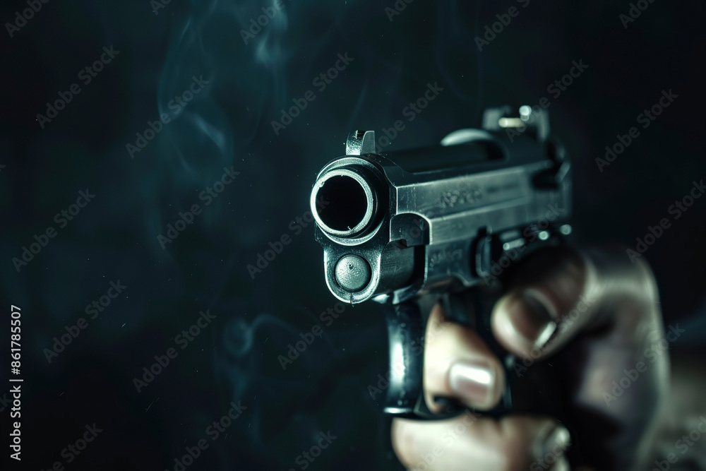 Generative ai on theme of a man aims through the sight of combat metal pistol to hit the target Generative ai on theme of a man aims through the sight of combat metal pistol to hit the target