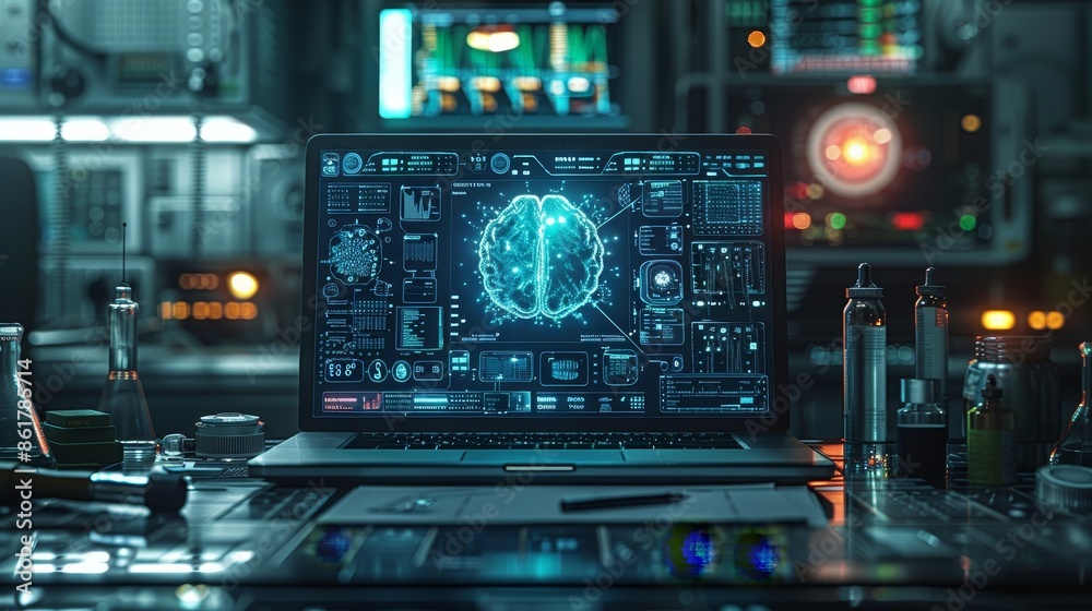 Futuristic Virtual Doctor Consultation on 3D Laptop in Industrial Setting with Medical Tools and Copy Space Futuristic Virtual Doctor Consultation on 3D Laptop in Industrial Setting with Medical Tools and Copy Space