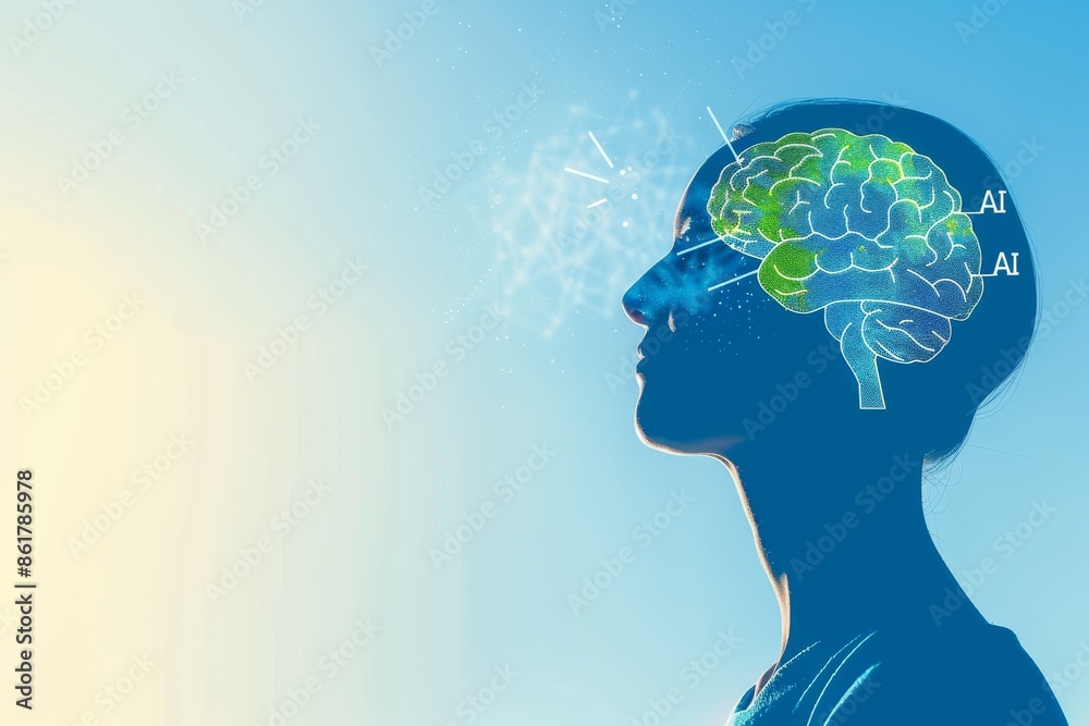 Fototapeta premium Human head silhouette with glowing brain representing artificial intelligence and cognitive technology