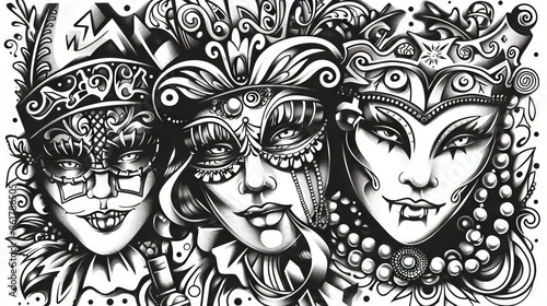 The image shows three beautiful women wearing Venetian masks