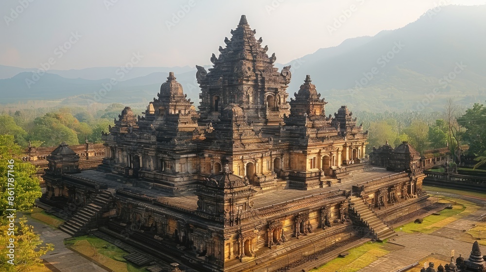 Ancient temple in a lush green setting under a hazy sky, showcasing intricate architecture and historical significance. Ancient temple in a lush green setting under a hazy sky, showcasing intricate architecture and historical significance.