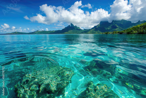 Crystal-clear turquoise lagoon surrounded by lush tropical islands in Bora Bora © Venka