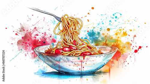 This image shows a bowl of spaghetti with a fork twirling the noodles. The background is a watercolor splash of various colors. photo