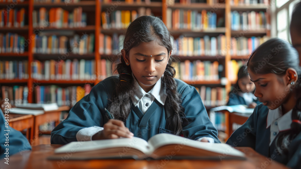 group of tamil female school students in uniform studying in library.generative ai group of tamil female school students in uniform studying in library.generative ai