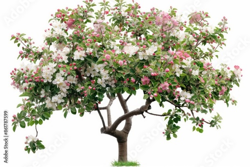 An apple tree with blossoming flowers and ripening fruit isolated on a white background
