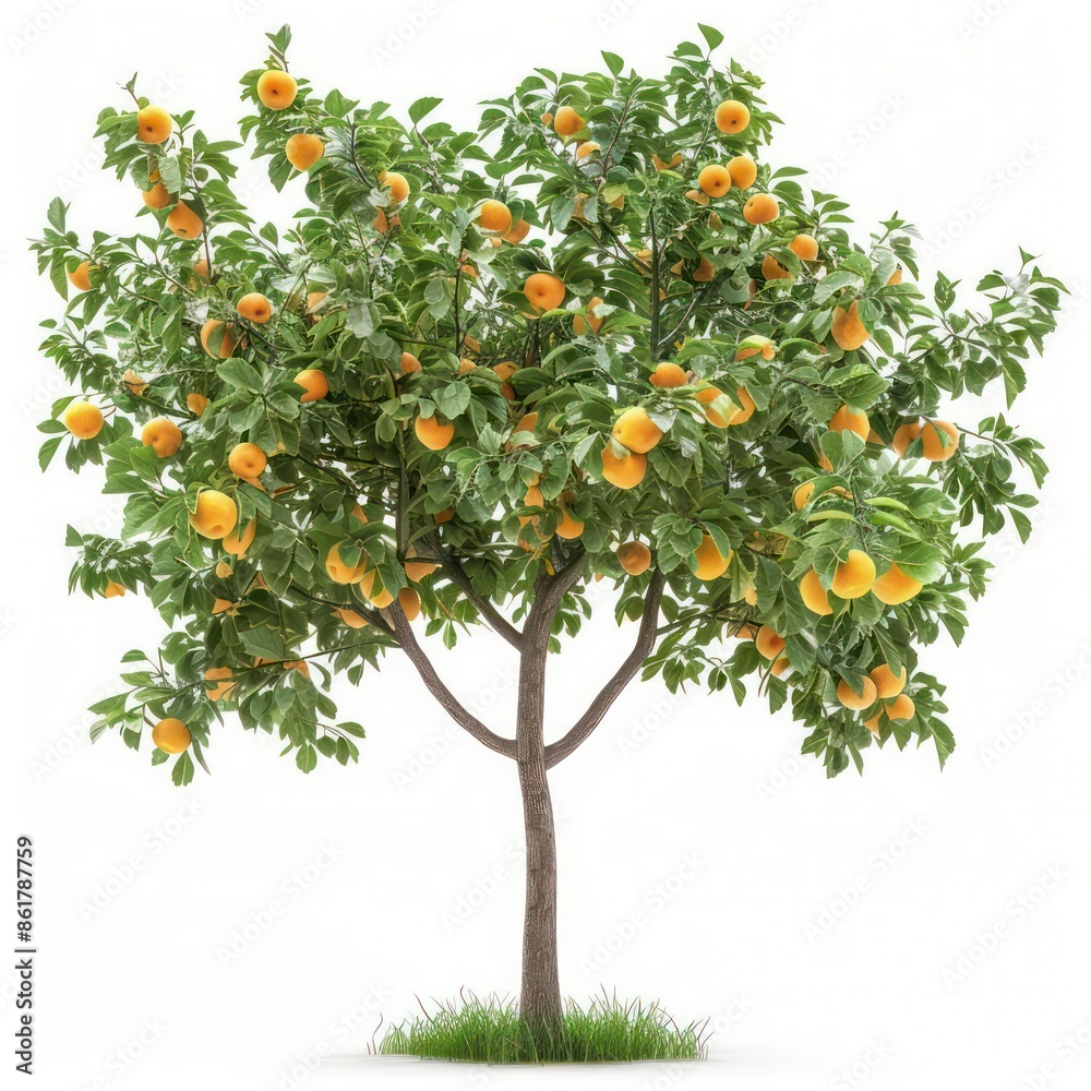 An apricot tree with golden fruit and bright green leaves isolated on a white background