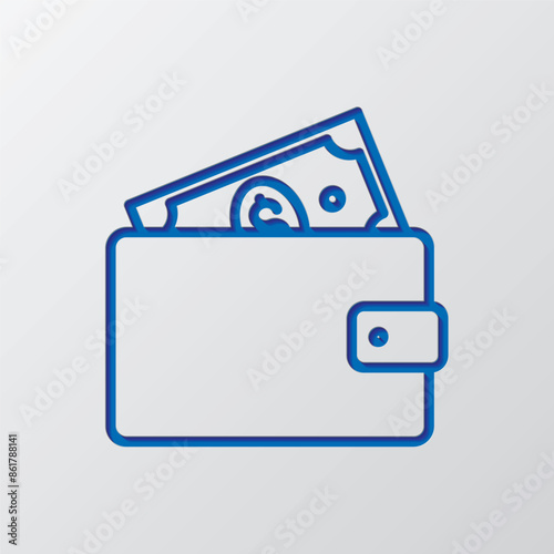 Wallet with dollar simple icon vector. Flat design. Paper cut design. Cutted blue symbol with shadow. Gray background