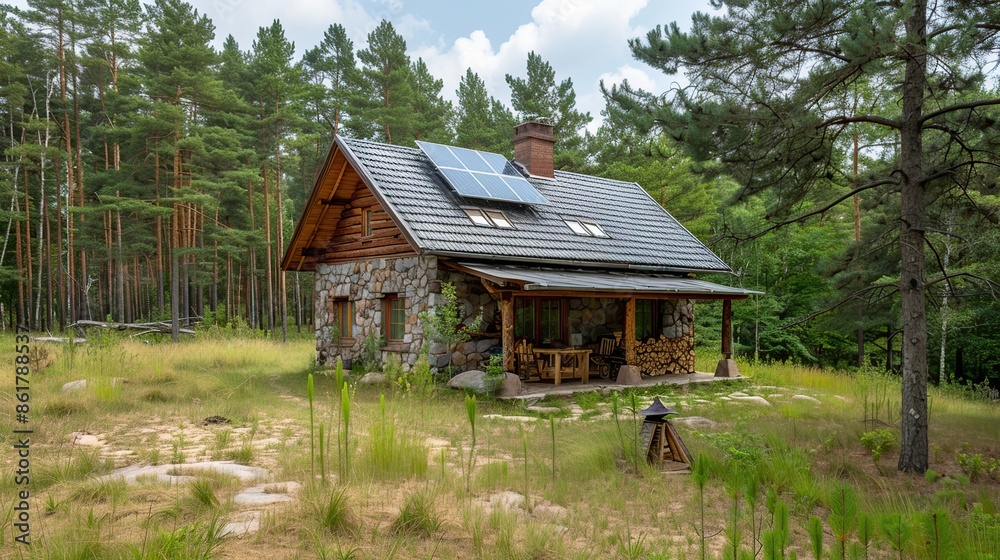 Stone and Wood Cabin in a Forest Setting