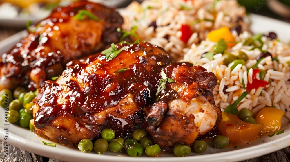 Vibrant Caribbean Jerk Chicken Dish with Fluffy Rice and Tender Beans in a Tropical Setting Vibrant Caribbean Jerk Chicken Dish with Fluffy Rice and Tender Beans in a Tropical Setting