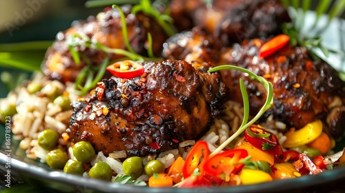 Mouthwatering Jamaican Jerk Chicken with Aromatic Rice and Peas on Lush Tropical Backdrop