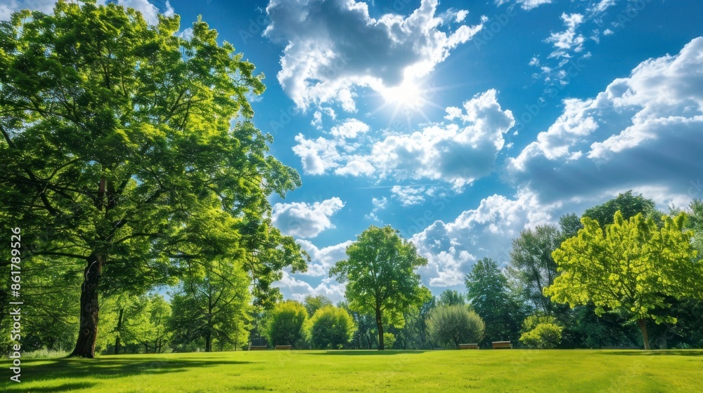 Fototapeta premium beautiful park with wooded area and a blue sky with clouds