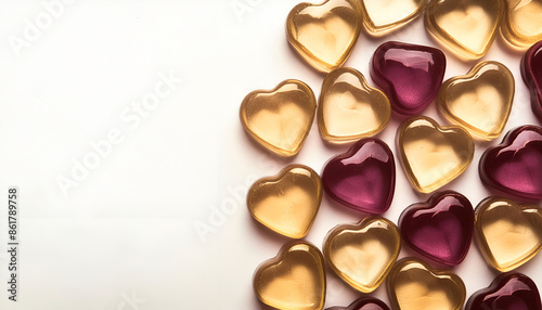 Gold And Burgundy Heart Shaped Candy Scattered On White Background