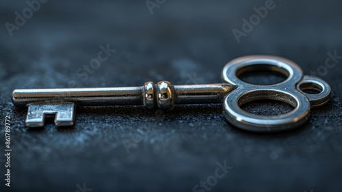 Close-up of an antique key on a dark surface.